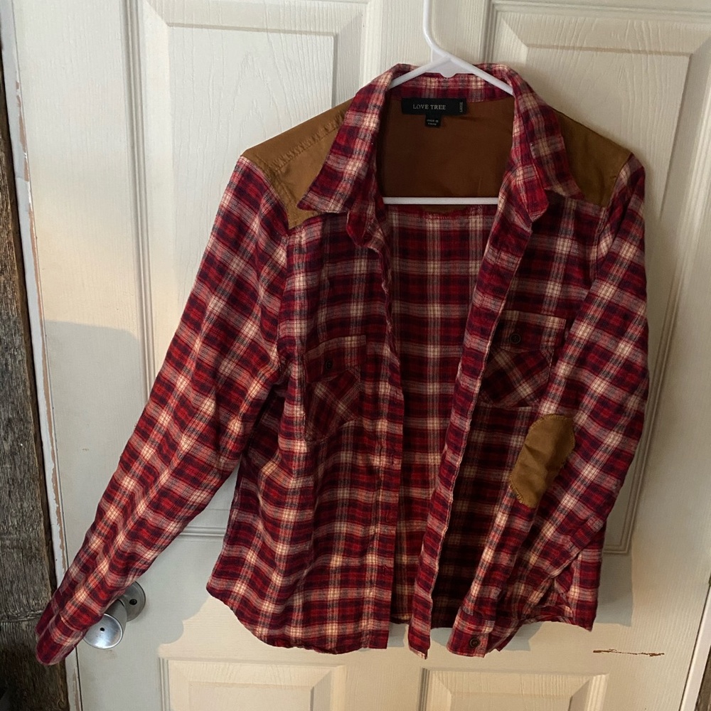 Red flannel with brown leather accents